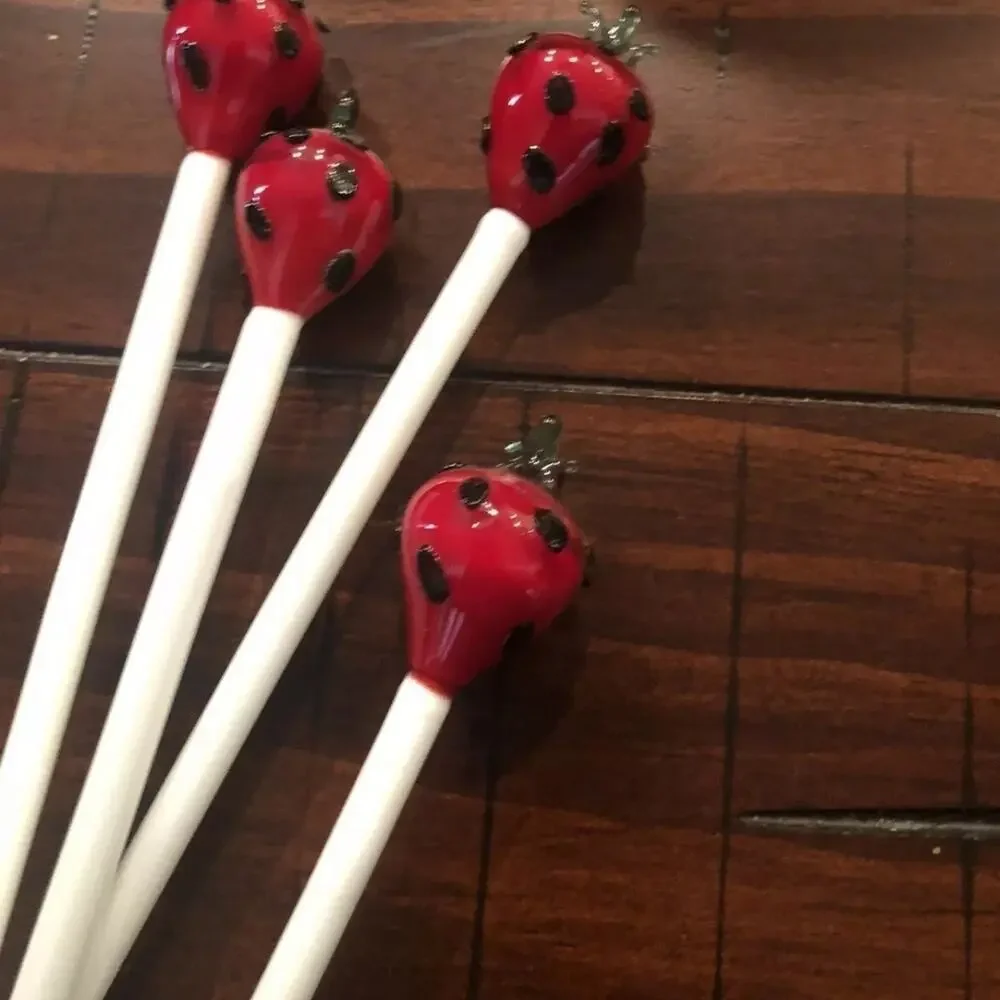 Strawberry blown art glass cocktail drink stirrers -4 adorable